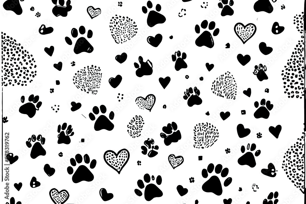 Fototapeta premium Seamless dog pattern with paw prints, bones, hearts and balls. Generative Ai