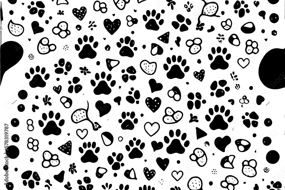 Fototapeta premium Cat foot texture. Pattern with doggy pawprint and bones. Generative Ai