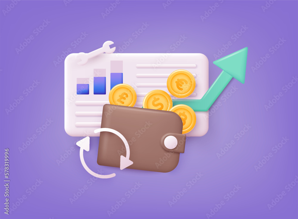 Fototapeta premium Cashback money refund icon concept. Wallet with coins and money. 3D Web Vector Illustrations.