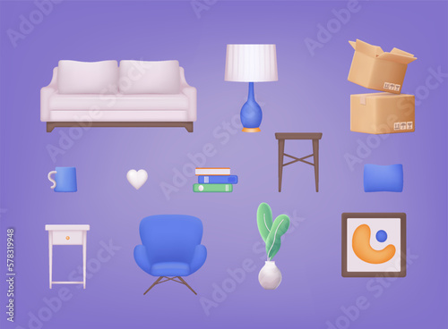 Furniture vector 3d illustration set. Cartoon furnishings design with sofa armchair, lamp, table, house plants. 3D Web Vector Illustrations.