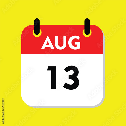 new calendar, 13 August icon with yellow background, calender