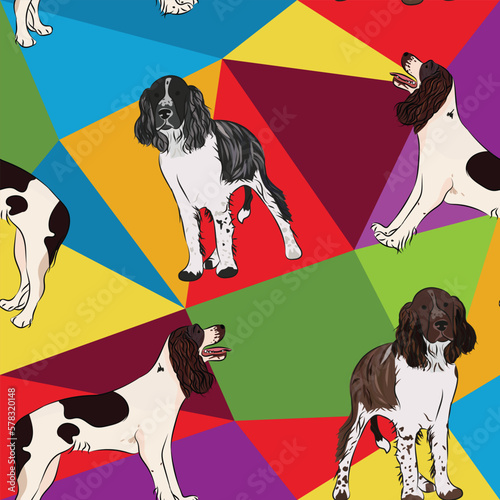 Springer Spaniel dog on a mosaic geometric background. Funky, colorful vibe, rainbow colors palette. Simple, clean, modern texture. Geometric, polygon style. Summer seamless pattern with dogs.Triangle