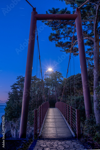 Suspension bridge and lighthouse at jogasaki Izu Japan photo