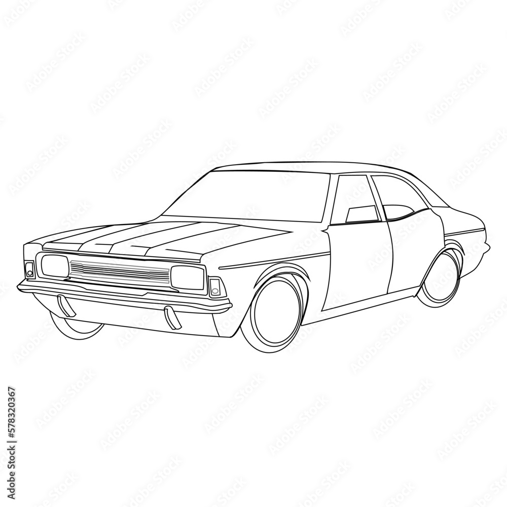 Fototapeta premium Adult coloring page for book and drawing. Car vector line art illustration. High speed drive vehicle. Graphic element. wheel. Black contour sketch illustrate Isolated on white background.
