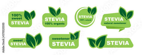 Stevia label set. Stevia sweetener. Sugar substitute. 100% natural stevia. Eco, organic and bio icon. Vector illustration. photo