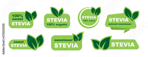 Stevia label set. Stevia sweetener. Sugar substitute. 100% natural stevia. Eco, organic and bio icon. Vector illustration.