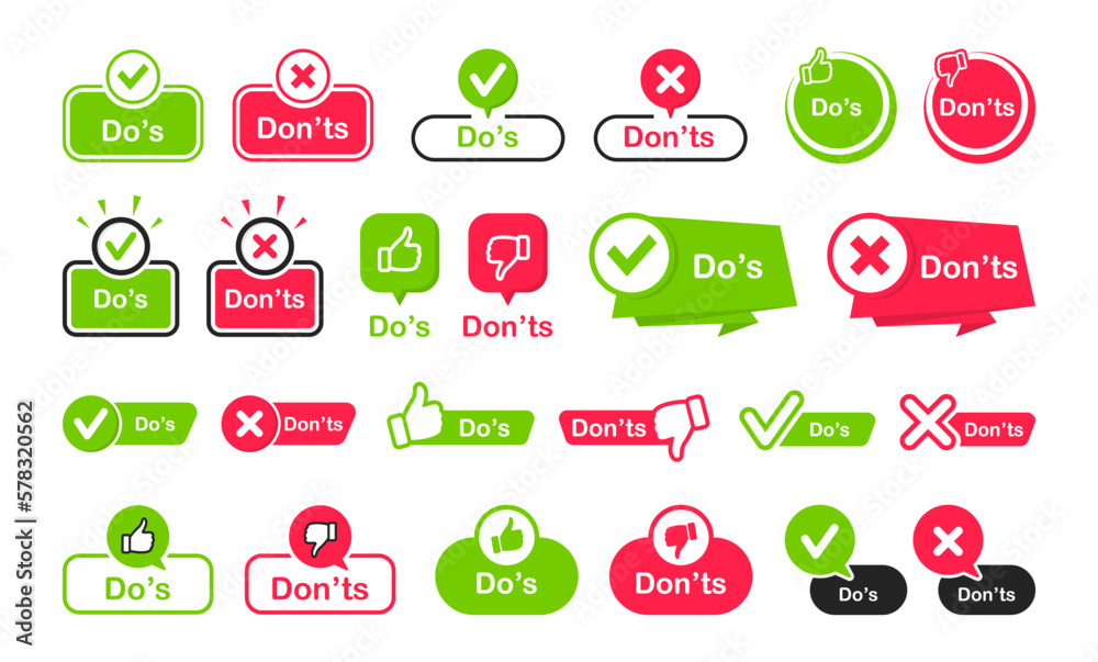Do and Don't icon set. Check mark and cross. Like and dislike symbols. Thumb up and thumb down icons. Positive and negative signs. Vector illustration. - obrazy, fototapety, plakaty 