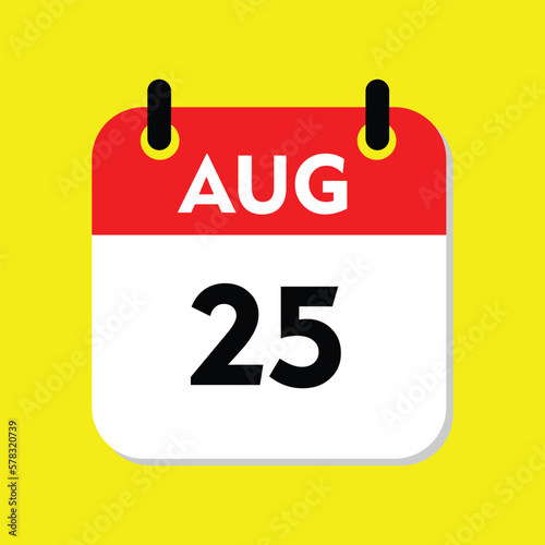 new calendar, 25 August icon with yellow background, calender