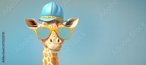 A cartoon giraffe with sunglasses on its head on colorful background. Generative AI