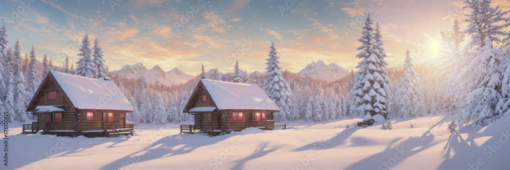 Generative AI, Beautiful dreamy snowy scenery of houses near lakes in the golden hour. Trees covered in snow with atmospheric light with light clouds.