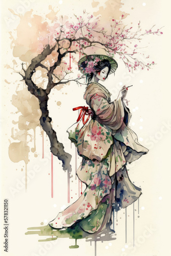 Japanese geisha under a cherry tree - watercolour painting created using generative AI tools. © Salander Studio