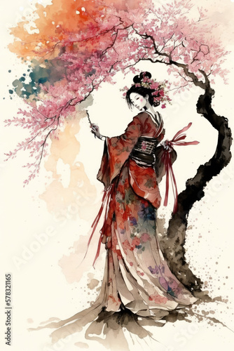 Japanese geisha under a cherry tree - watercolour painting created using generative AI tools.
