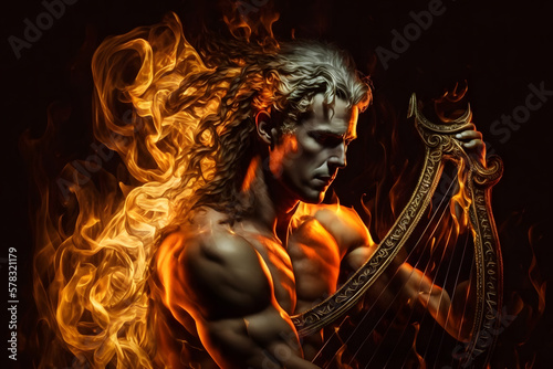 Beautiful Greek god plays the harp against the background of fire. Neural network AI generated
