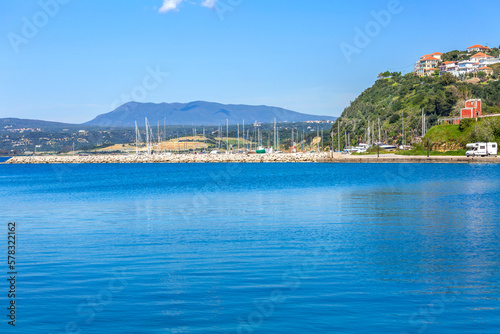 Pylos, Greece panoramic view of marina with yachts and town of Pylos located at Peloponnese, Messinia