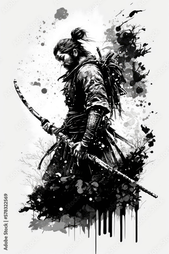 Japanese samurai - black and white ink art illustration created using ...