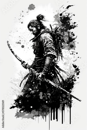 Japanese samurai - black and white ink art illustration created using generative AI tools.