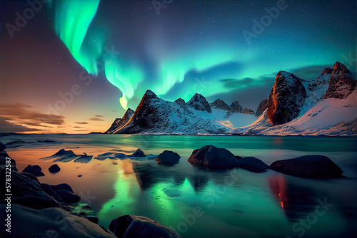 Aurora borealis on the Lofoten island, Norway. AI generative
