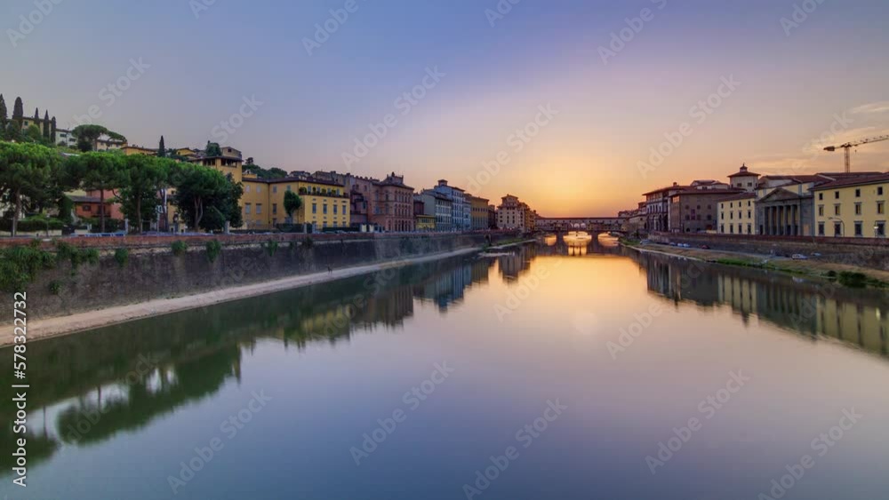 Sunset panoramic view of Florence Ponte Vecchio over Arno River in Florence timelapse, Italy. Florence architecture. One of the main landmarks in Florence. Colorful sky Sunset panoramic view of Florence Ponte Vecchio over Arno River in Florence timelapse, Italy. Florence architecture. One of the main landmarks in Florence. Colorful sky