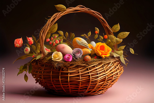 Empty wicker basket for flowers. Generative Ai