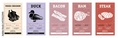 Modern typography banner, hand drawn fried chicken, duck, bacon, ham, steak. Meat abstract vector packaging labels design set. Color paper background layouts collection Isolated.