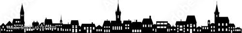 Town skyline silhouette. Small city houses, factory buildings, old church roofs, simple residental neighborhood vector flat scene.