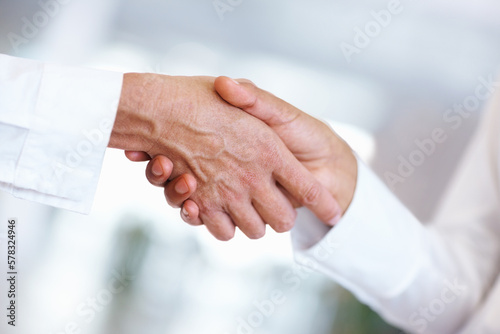Agreement. Closeup of two business men shaking hands with each other.