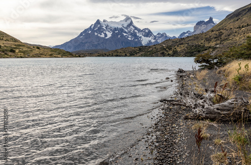 Lake and snowy mountains of Torres del Paine National Park in Chile, Patagonia, South America