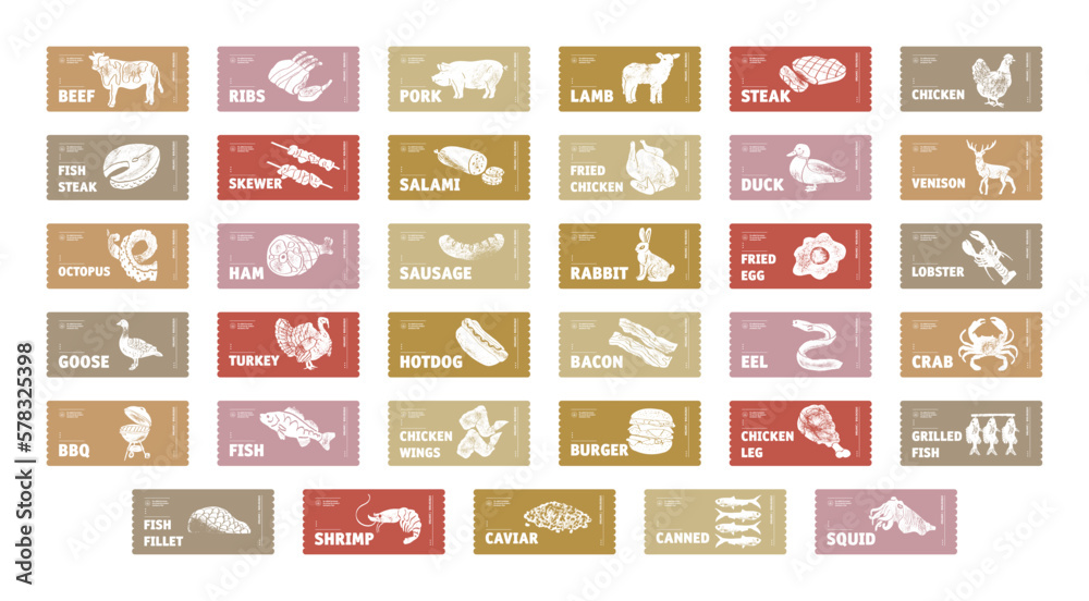 Meat, poultry, fish and eggs stickers and labels. Different color ...