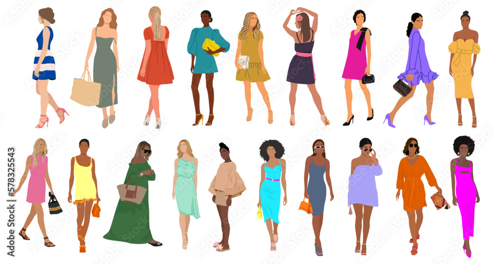 Stockvector Collection of stylish young women wearing modern dress. Diverse  multiracial girls in casual, street fashion outfits. Summer, spring  fashionable look. Flat colorful vector illustrations isolated. | Adobe Stock