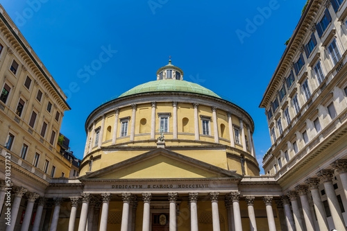 Milan, Italy San Carlo al Corso facade. Entrance of neo-classical rotonda Roman Catholic church in Milano.