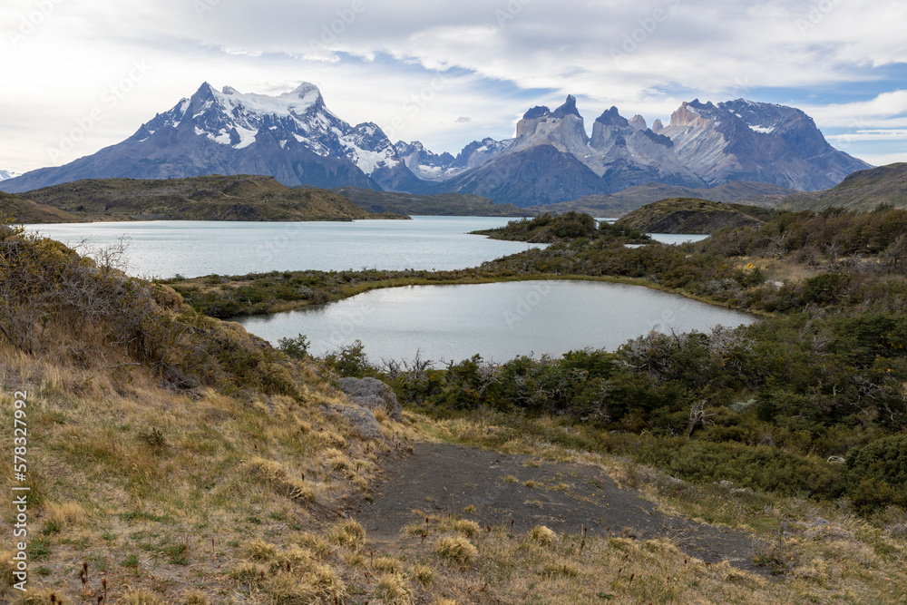 Lake and snowy mountains of Torres del Paine National Park in Chile, Patagonia, South America Lake and snowy mountains of Torres del Paine National Park in Chile, Patagonia, South America
