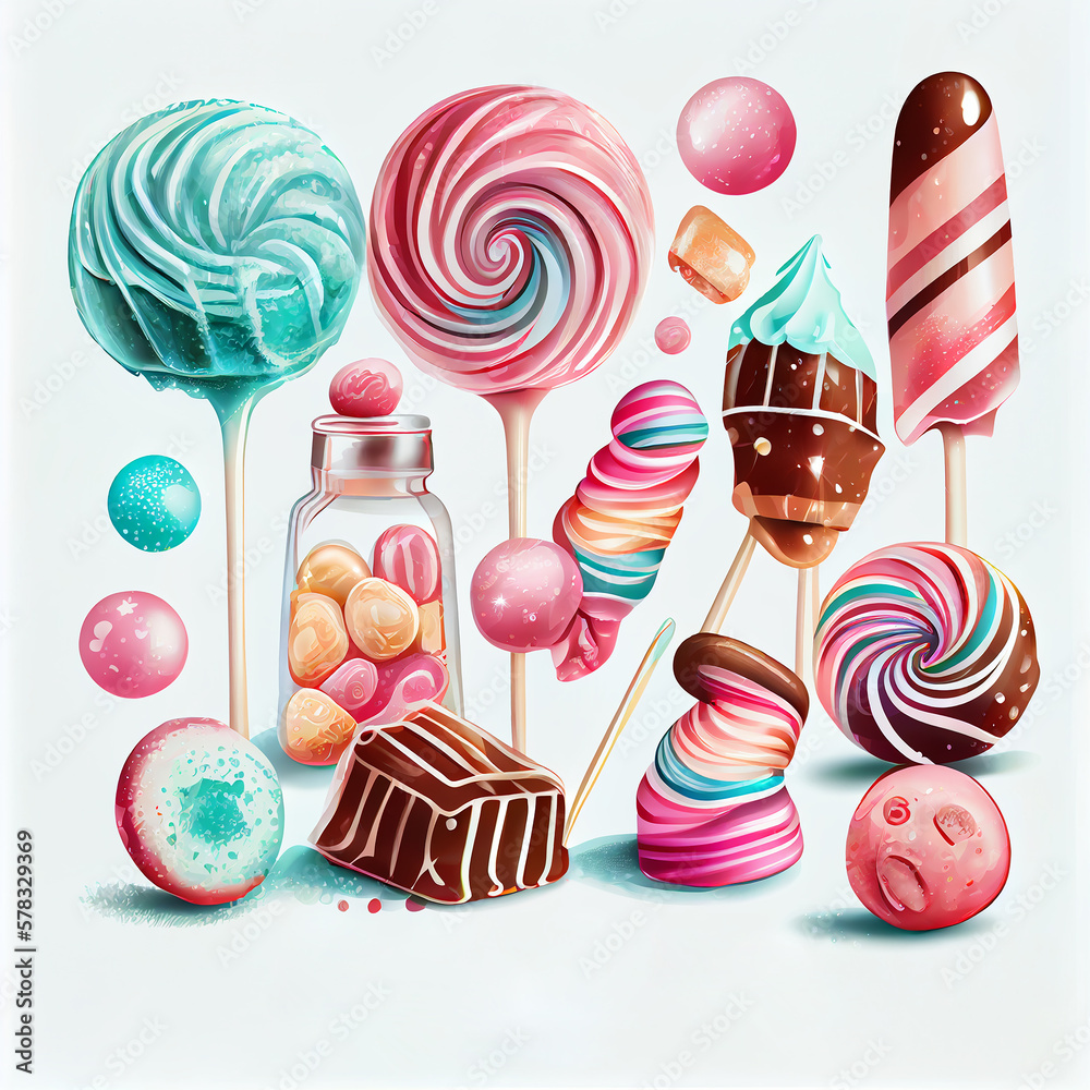 Watercolor colorful candy clip art set isolated on white background