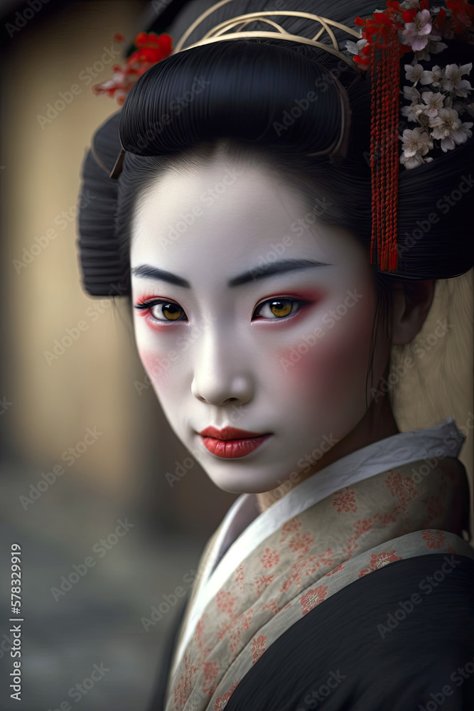 Portrait of a beautiful geisha created using generative AI tools.