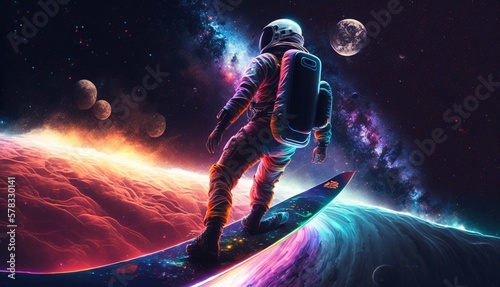 Vivid colorful illustrations of astronaut in space surfing on surfboard waves of galaxies generate ai.