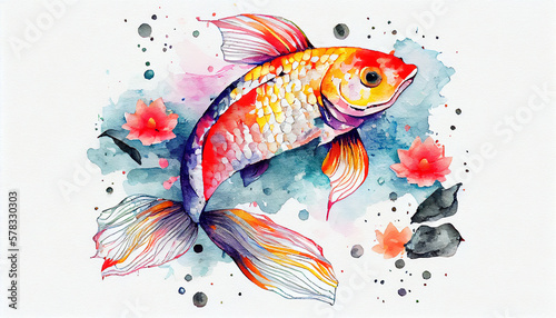 A colorful koi fish swimming in a tranquil pond, generative ai illustration in watercolor style