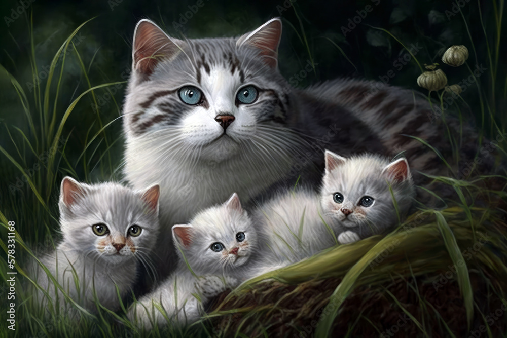 AweInspiring Sight Adorable Asian Cat and Trio of Kittens Enjoy Sprinkly Sunshine in the Lush Green Grass. Generative AI