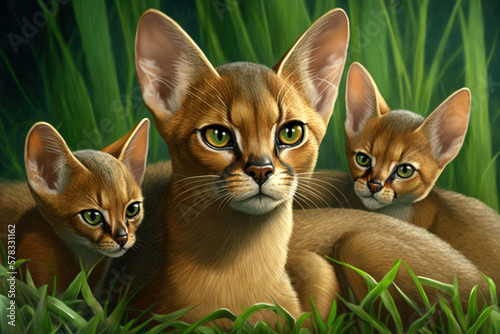 Adorable Family Photo Abyssinian Cat and  Kittens Cozies Up in the Grass . Generative AI photo