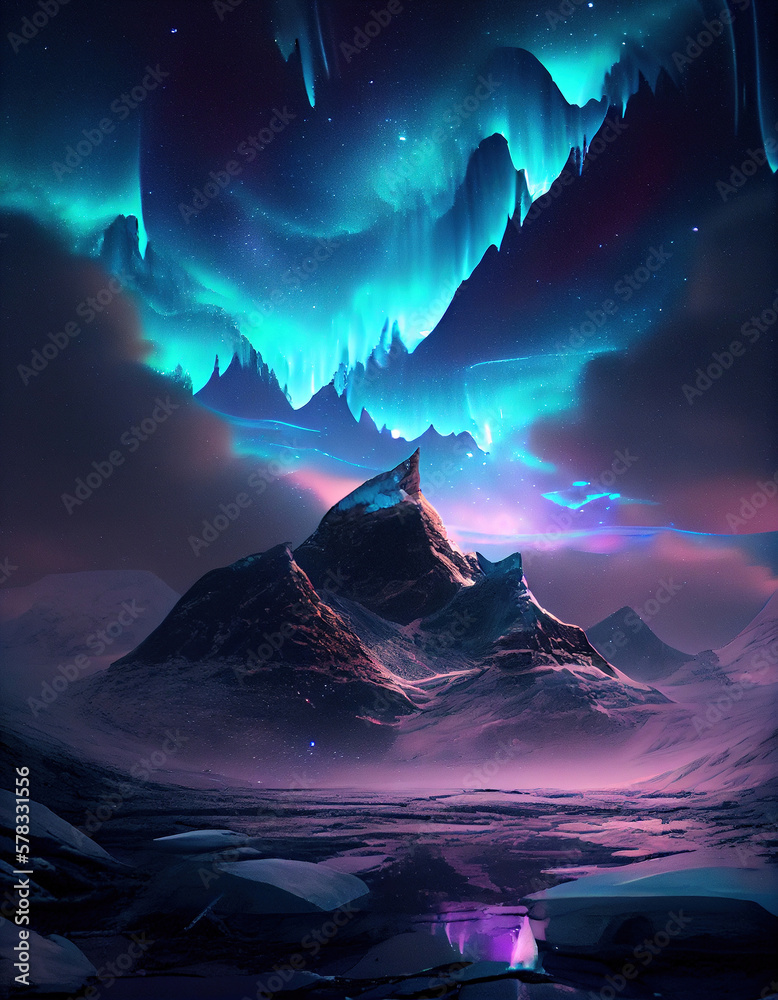 Night winter landscape with aurora. Generative AI.