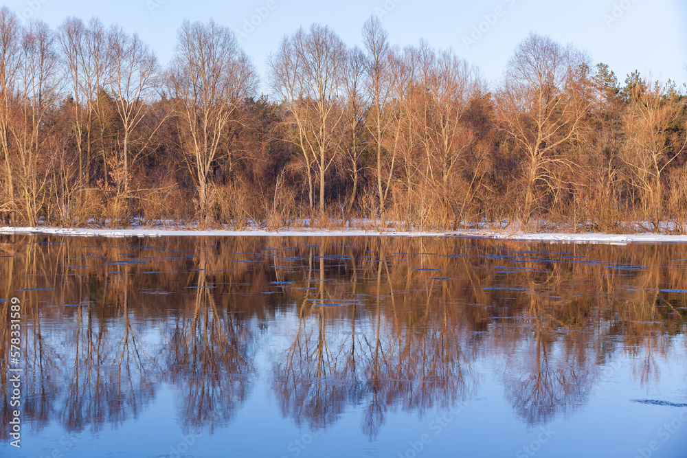 Early spring on the river in the sunlight. Background.