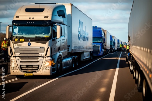 grève des chauffeurs routiers - des camions bloquent l'autoroute - generative ai photo