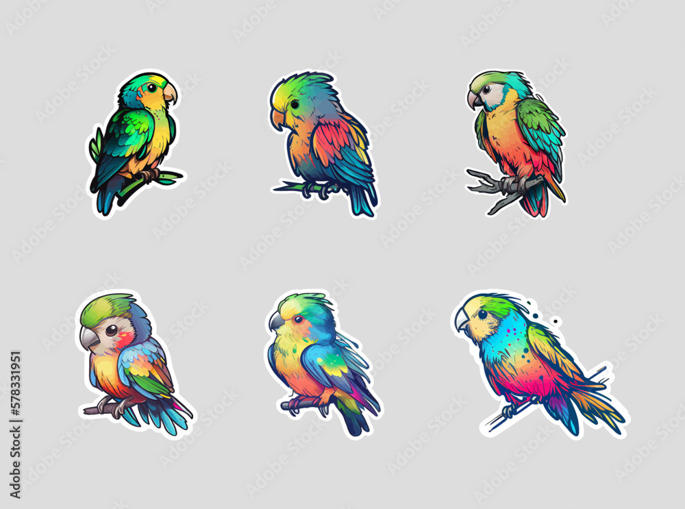 Obraz premium Stickers set of Parrots. Set of cute cartoon tropical birds stickers. Colorful, simple design, vector, sticker, sketch set on white background. Set of patches for clothing. Badges in retro style.