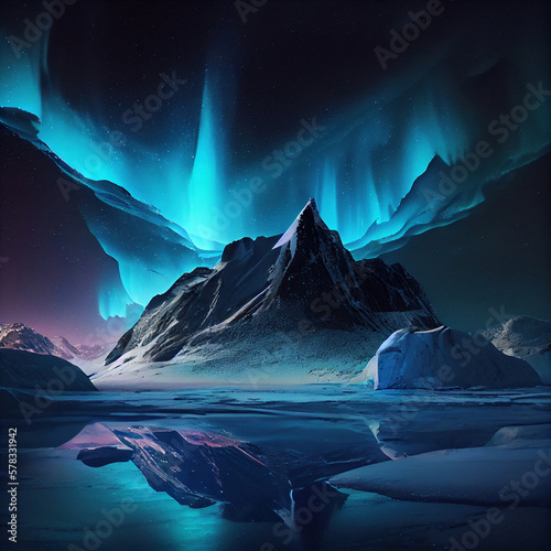 Night winter landscape with aurora. Generative AI. © Absent Satu