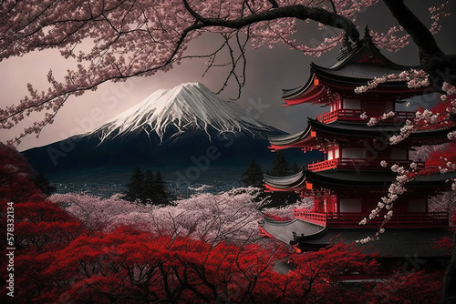 mount fuji with cherry trees - traditional japanese drawing created using generative AI tools.