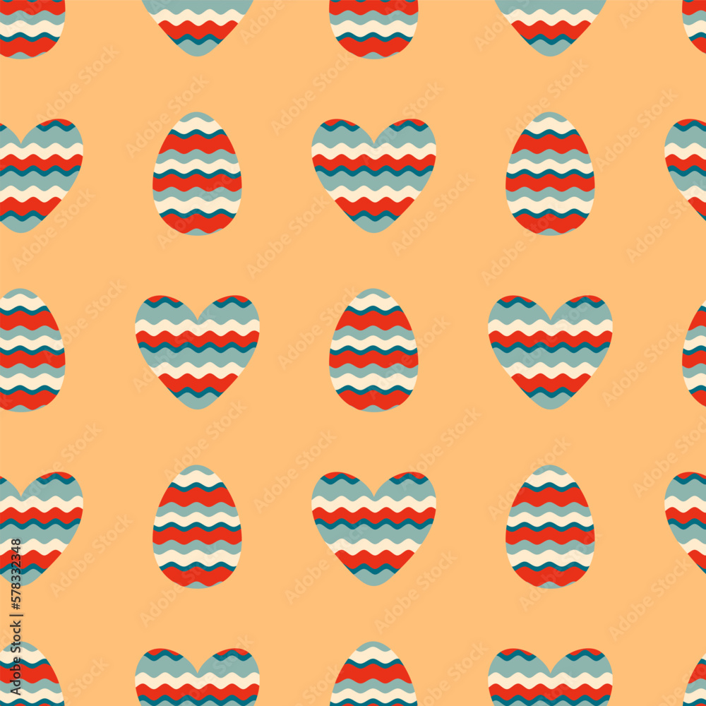 Retro style wavy Easter eggs and hearts seamless pattern. Perfect print for tee, paper, fabric, textile. Vintage vector illustration for decor and design.