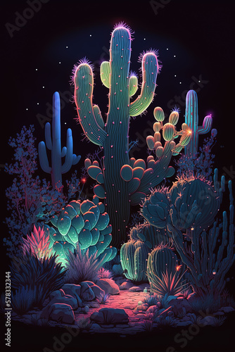Desert at night glowing with bioluminescent cacti by generative AI