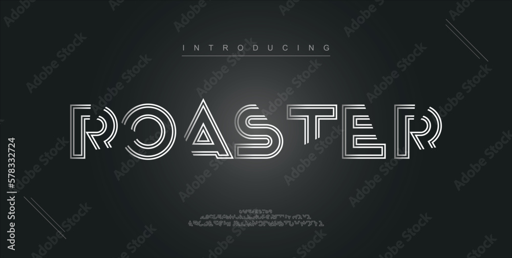 Naklejka premium Roaster digital modern alphabet new font. Creative abstract urban, futuristic, fashion, sport, minimal technology typography. Simple vector illustration with number