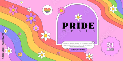 Lgbtq or pride month or day cute web banner, landing page, greeting post card, placard, flyer or poster with trendy groovy elements and arch frame for text or photo. Event invitation in 90s style.