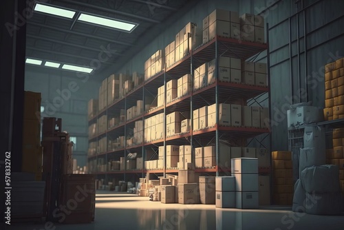Warehouse interior with shelves and boxes. Generative AI © LAYHONG