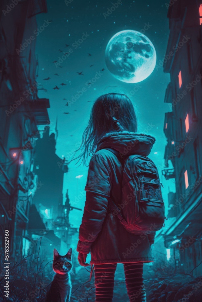 A little girl with a kitten is walking with her back to us. Neon city in cyberpunk style. Full moon. Moon. generative ai