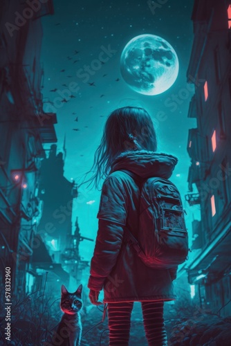 A little girl with a kitten is walking with her back to us. Neon city in cyberpunk style. Full moon. Moon. generative ai